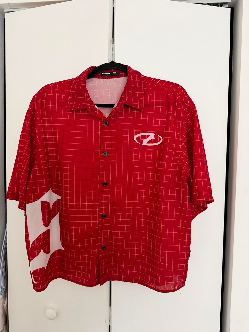 NFINITY Red Grid Short-Sleeve Button-Down Shirt with Logo